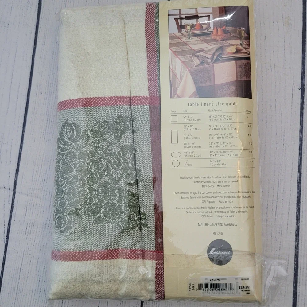 Fieldcrest Cotton Collection Table Linen Tablecloth Beige Plaid Grape Vine 60x84